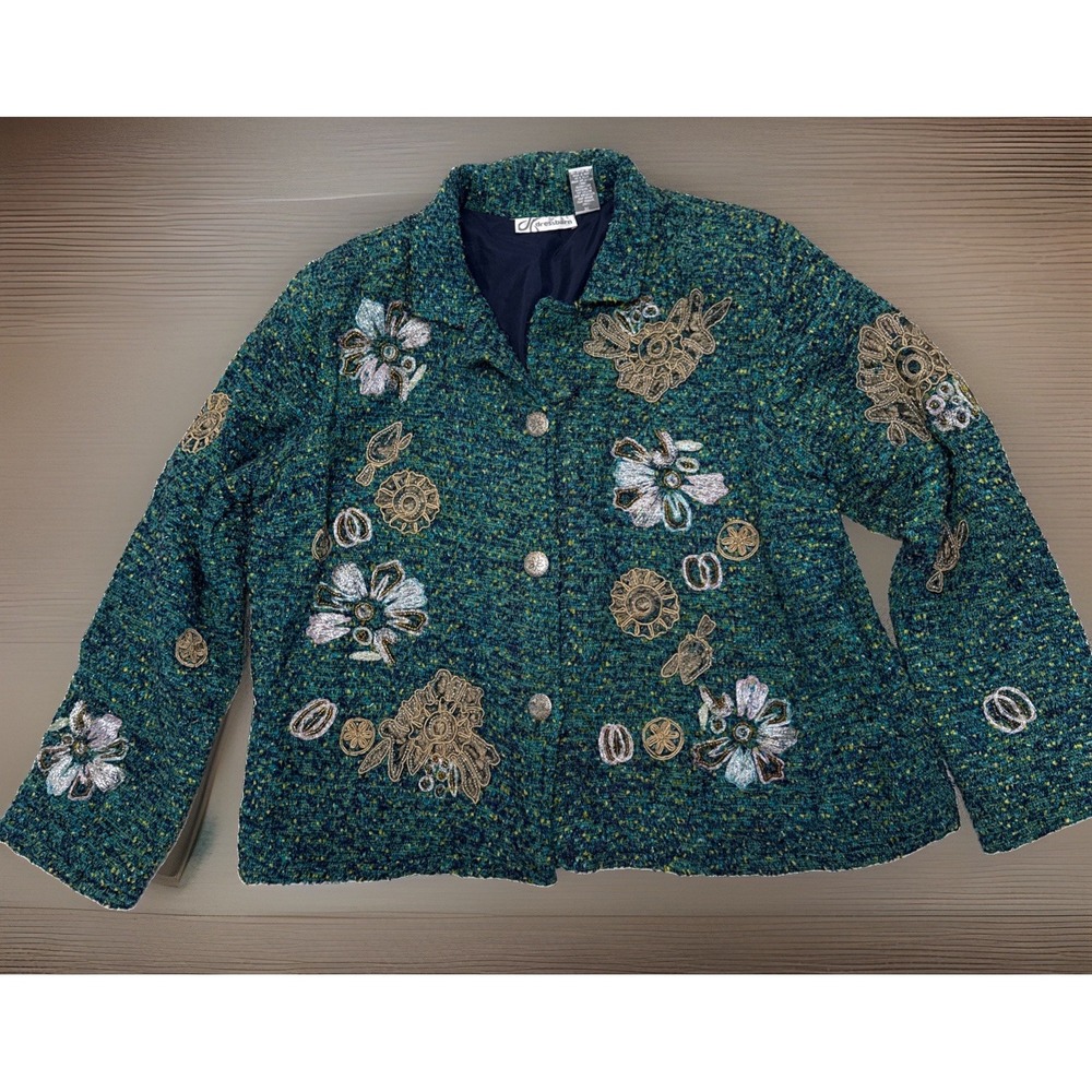 Vintage Dress Barn Green Embroidered Dress Jacket Green Gold XL